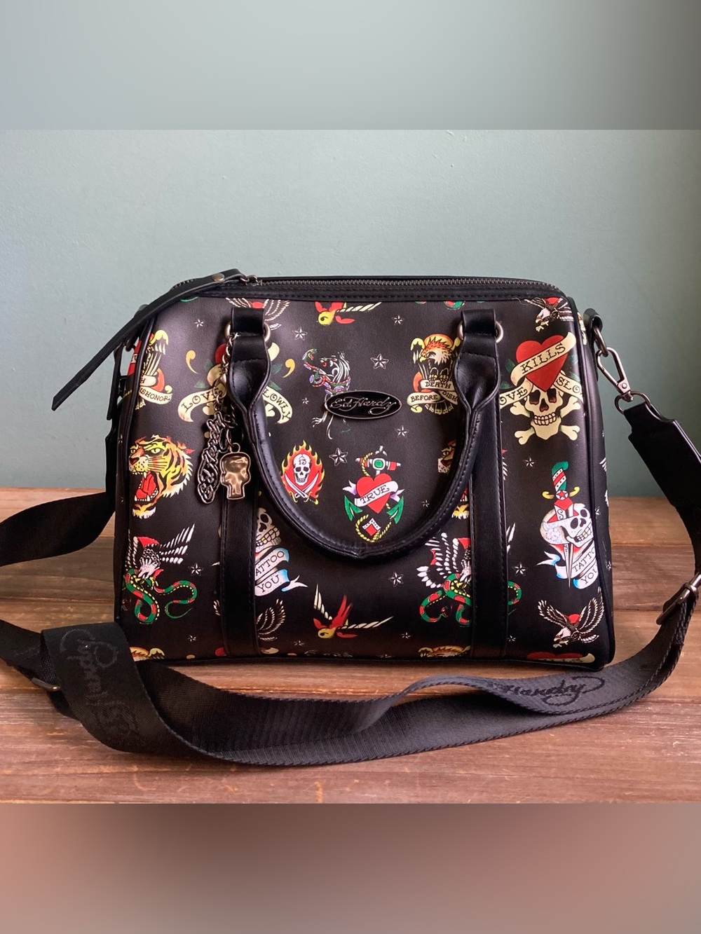 Ed Hardy Josie Satchel Black Tattoo Print Crossbody Bag